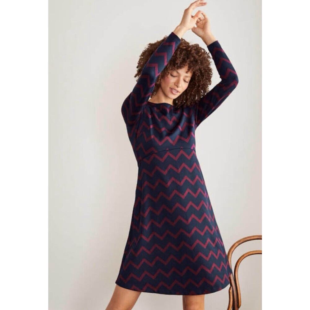 BODEN Annie Jacquard Dress Sz 10 Crew Neck Zipper Navy Ruby Ring Chevron NEW